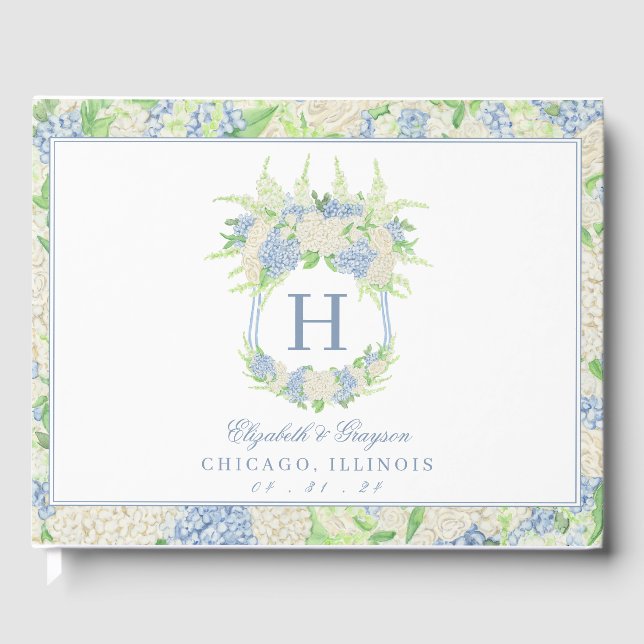 Livre D'or Aquarelle Bleu et Blanc Hydrangea Crest (Recto)