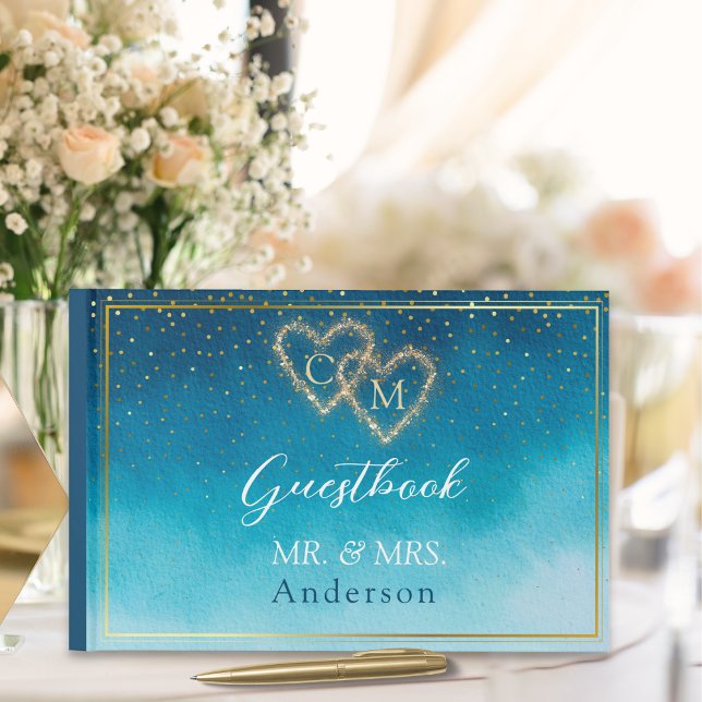 Livre D'or Aquarelle Bleu Océan Vagues Avec Mariage Monogramm (Créateur téléchargé)