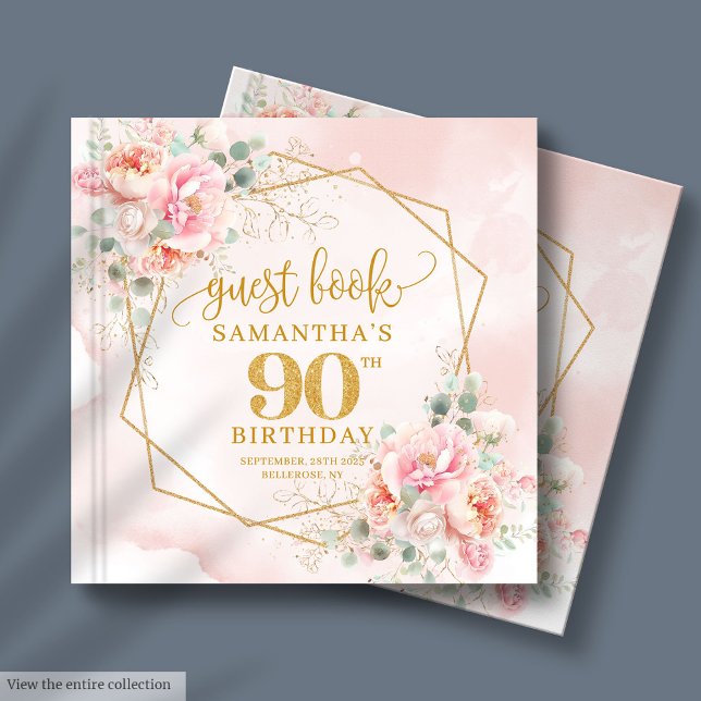 Livre D'or Aquarelle Blush Pink Gold Parties scintillant Peon (Watercolor Blush Pink Gold Glitter Peonies 90th Guest Book)