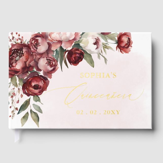 Livre D'or Aquarelle Bourgogne Blush Floral Quinceañera (Recto)