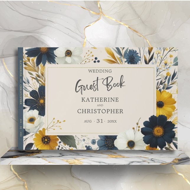 Livre D'or Aquarelle Fleur sauvage Elégant Mariage beige (Watercolor Floral Elegant Wedding Guest Book with Blue Yellow Wildflowers, Wedding Info.)