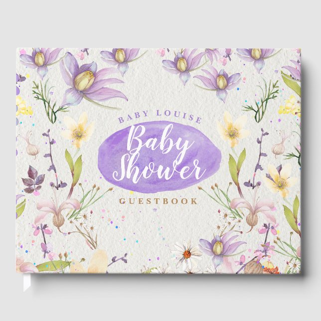 Livre D'or Aquarelle florale violet Baby shower personnalisé (Recto)