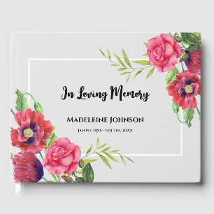 Livre D'or Aquarelle funéraire Rouge et rose Fleurs Gris