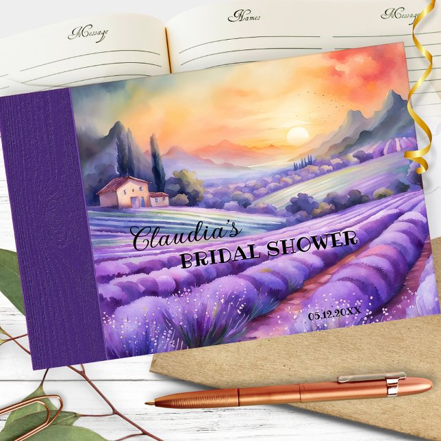 Livre D'or Aquarelle Italie Lavender Pays Fête des mariées (Guest book featuring a watercolor painting of an Italian/French landscape scene with lavender fields)