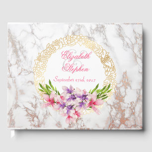 Livre D'or Aquarelle Magnolias, Faux Marble Texture Mariage