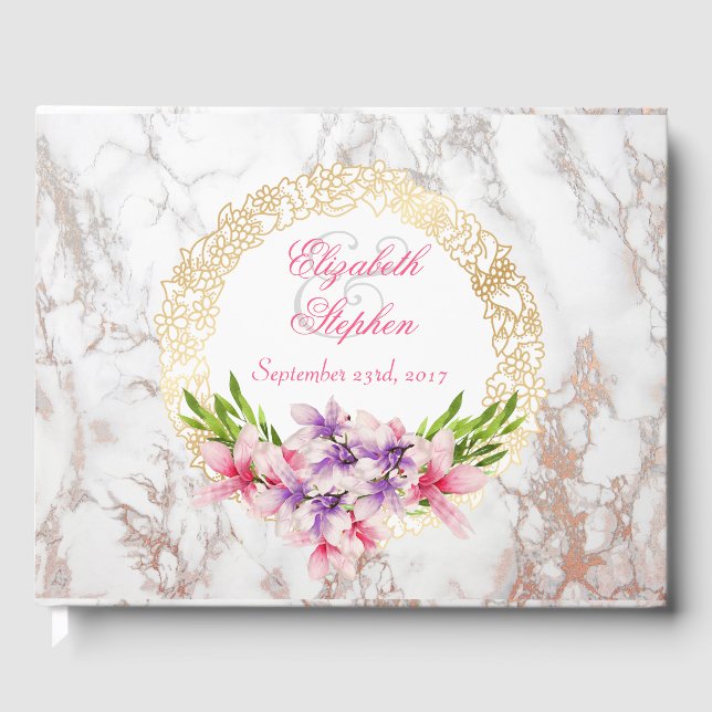 Livre D'or Aquarelle Magnolias, Faux Marble Texture Mariage (Recto)
