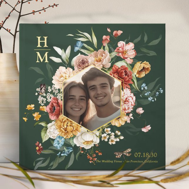 Livre D'or Aquarelle moderne Floral Couple Photo Mariage or (Modern Watercolor Floral Couple Photo Wedding gold foil guestbook

)