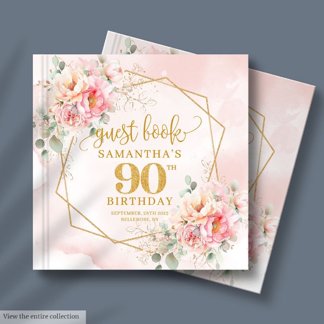 Livre D'or Aquarelle Parties scintillant or rose pâle 90e (Watercolor Light Pink Gold Glitter Floral 90th Guest Book)