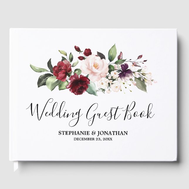 Livre D'or Aquarelle romantique Bourgogne Rouge Blush Rose Fl (Recto)