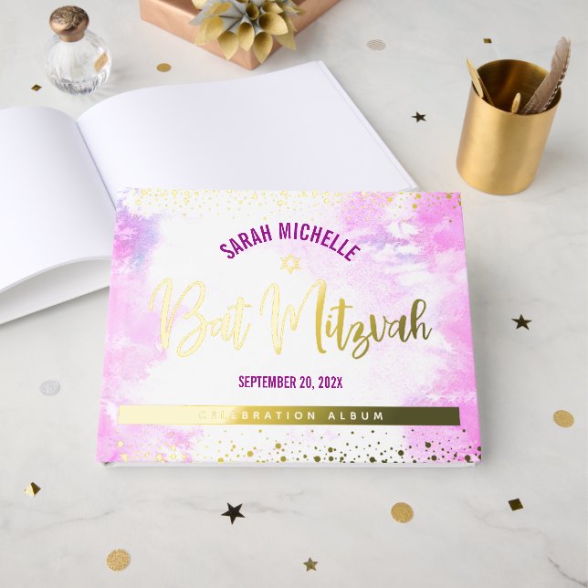 Livre D'or Aquarelle rose bat mitzvah Script Véritable Aquare (Recto ouvert)