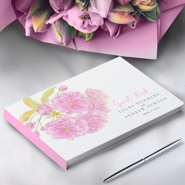 Livre D'or Aquarelle rose fleur de cerisier personnalisé mari (Créateur téléchargé)
