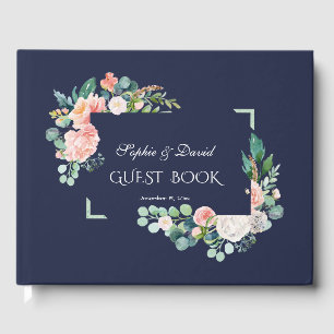 Livre D'or Aquarelle rose Fleurs blanches Mariage cadre vert