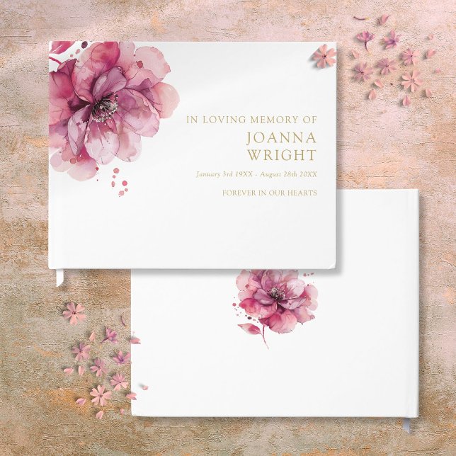 Livre D'or Aquarelle Rose Floral Dans Love Mémoire Funéraille (Watercolor Pink Floral In Loving Memory Funeral Guest Book)