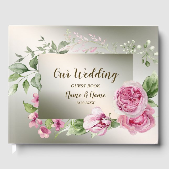 Livre D'or Aquarelle rose Floral Frame Bronze brillant (Recto)