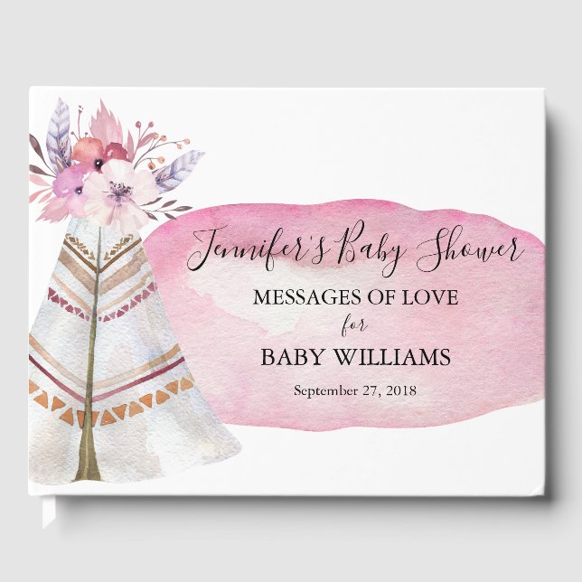 Livre D'or Aquarelle rose Floral Tribal Teepee Baby shower (Recto)
