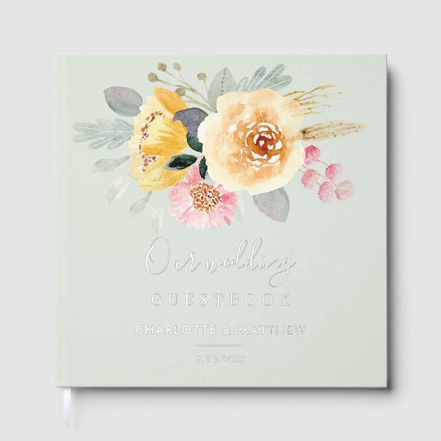 Livre D'or Aquarelle rose Mariage de script Floral Argent (Recto)