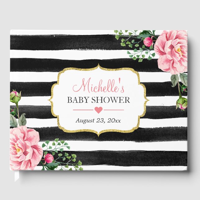 Livre D'or Aquarelle rose pâle Baby shower à rayures florales (Recto)