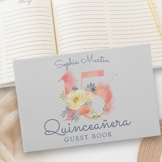 Livre D'or Aquarelle rose pâle Numéro 15 Floral Quinceanera (Guest Book from my Blush Pink Number 15 Quinceanera collection
)