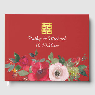 Livre D'or Aquarelle rose rouge floral moderne double bonheur