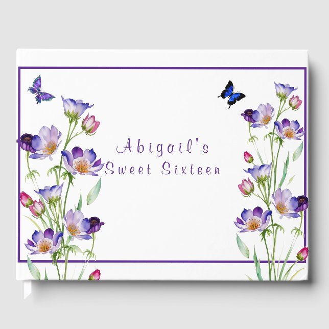 Livre D'or Aquarelle rose violet Fleurs Sweet sixteen (Recto)