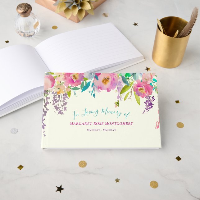 Livre D'or Aquarelle rose violet Floral En Mémoire Amoureuse (Recto ouvert)