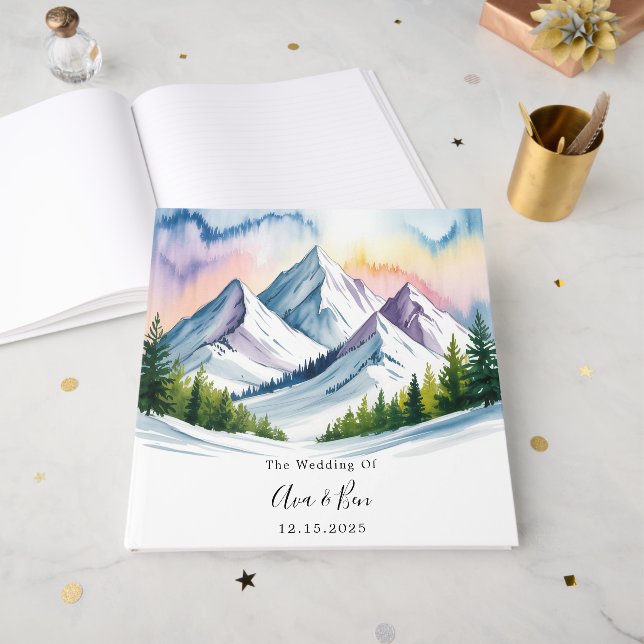 Livre D'or Aquarelle Snowy Mountain Mariage paysage (Recto ouvert)