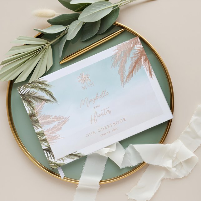 Livre D'or Aquarelle tropicale Palmiers Mariage Monogramme (Tropical Watercolor Palm Trees Wedding Monogram Foil Guest Book)
