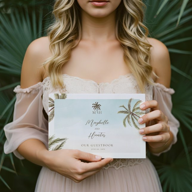 Livre D'or Aquarelle tropicale Palmiers Mariage Monogramme (Tropical Watercolor Palm Trees Wedding Monogram Guest Book)