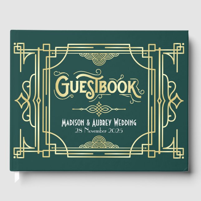 Livre D'or Art Déco Elegant Gold Green Gatsby Mariage des ann (Recto)