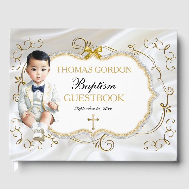 Livre D'or Asiatique Baby Boy Baptême Christening Blanc & Or (Recto)