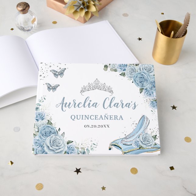 Livre D'or Baby Blue Floral Verre Chaussure Quinceañera XV 16 (Recto ouvert)