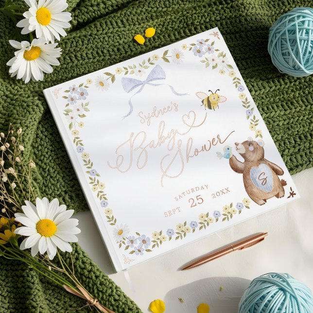 Livre D'or Baby shower à boisé bleu fleuri à ours de bois (Knitted Woodland Bear Floral Blue Bow Baby Shower Foil Guest Book)