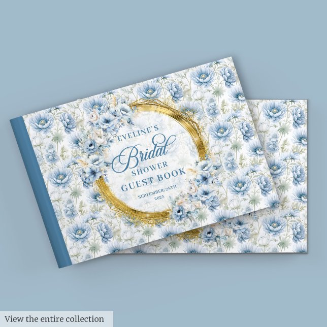 Livre D'or Baby Shower Bohème Chic Fleur Bleu Pâle et Or Inte (Timeless Boho Pale Blue Gold Floral Bridal Shower Guest Book)