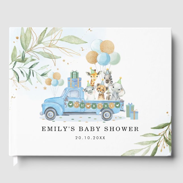 Livre D'or Baby shower Chic Blue Gold Safari Jungle Animaux (Recto)