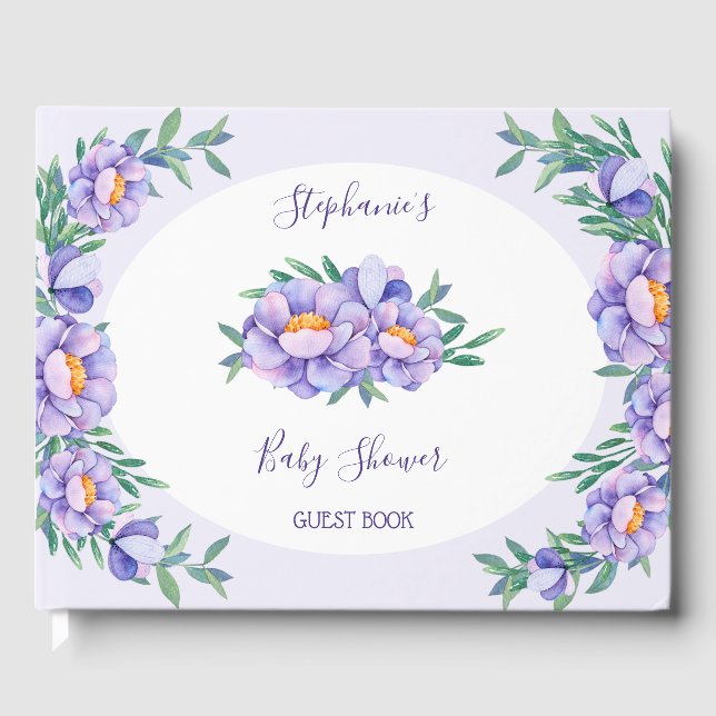 Livre D'or Baby shower de fleurs d'aquarelle violet personnal (Recto)