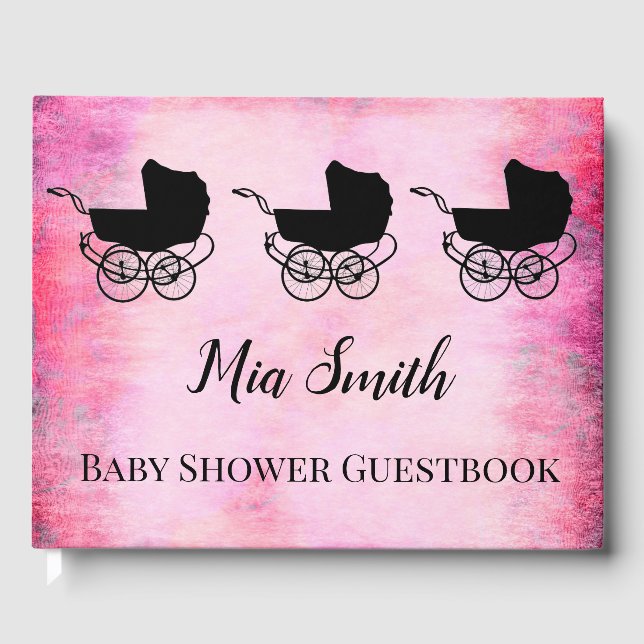 Livre D'or Baby shower fille pram rose et noir (Recto)