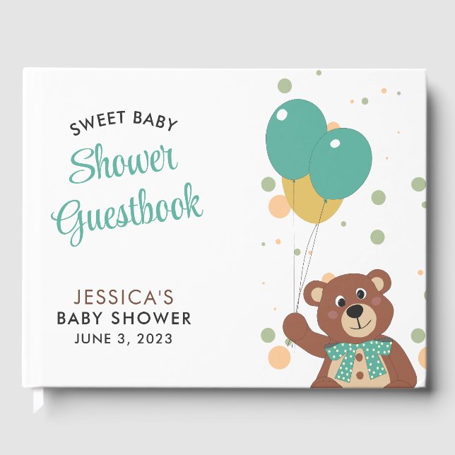 Livre D'or Baby shower mignon Ours Vert Balloon Genre Neutre (Recto)