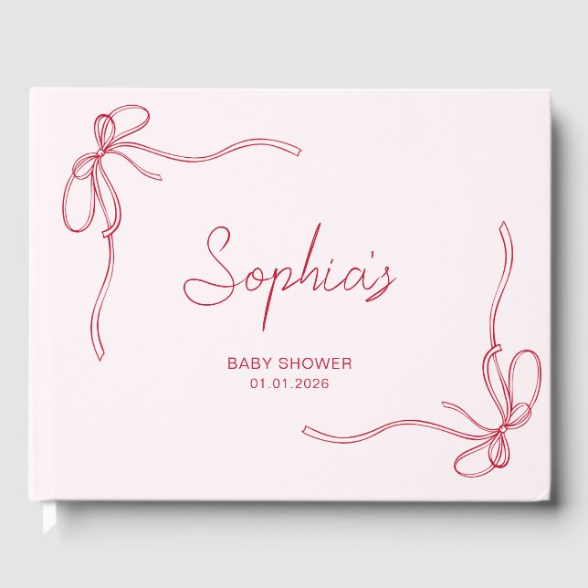 Livre D'or Baby shower moderne rose et rouge Bow Girl (Recto)