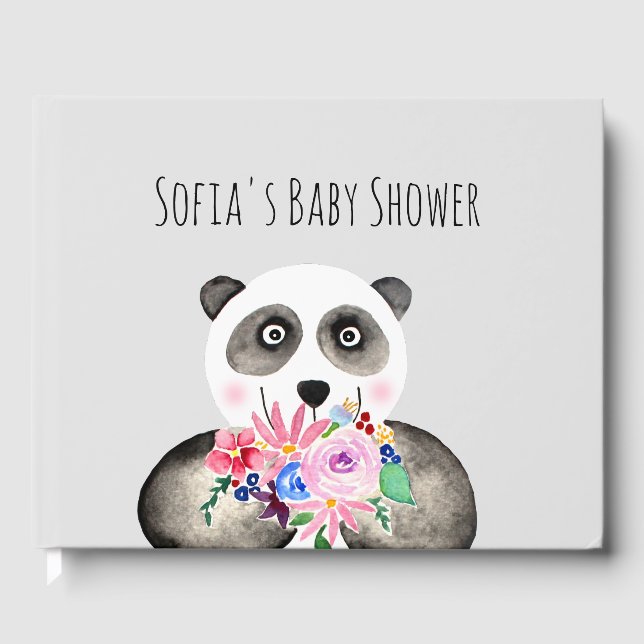 Livre D'or Baby Shower Ours en panda et fleurs en aquarelle m (Recto)