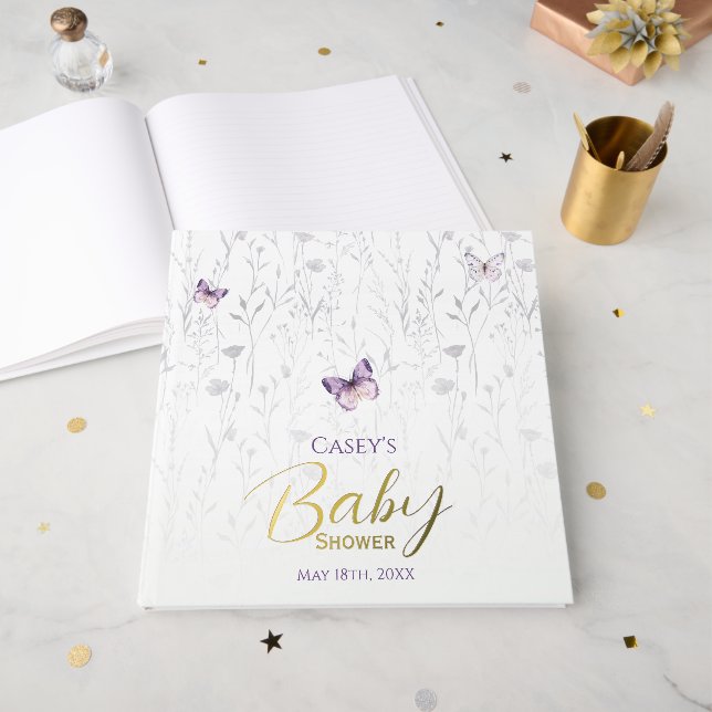 Livre D'or Baby shower papillon violet Boho Floral (Recto ouvert)