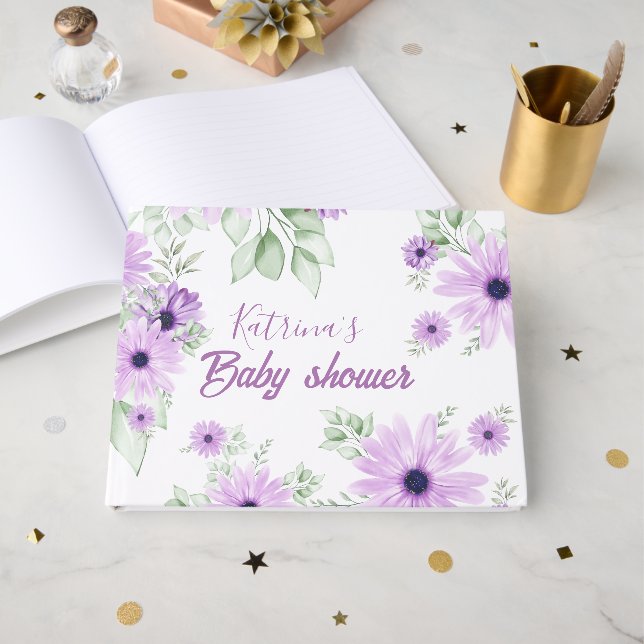 Livre D'or Baby shower personnalisé de fleurs d'aquarelle vio (Recto ouvert)