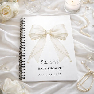 Livre d'or Baby Shower ruban ivoire perles blanche