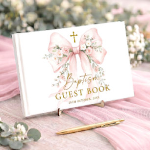 Livre D'or Baptême chrétien élégant d'une fille - Ruban flora
