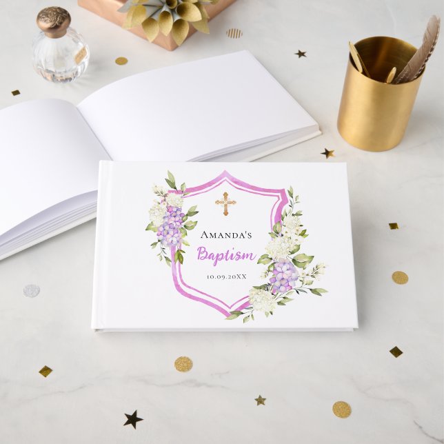 Livre D'or Baptême crête rose fleurs violet fille (Recto ouvert)