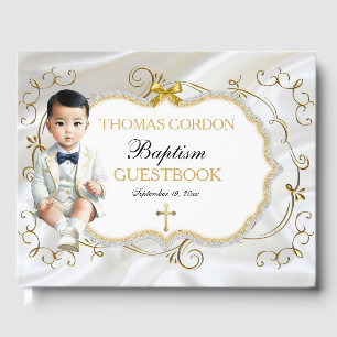 Livre D'or Baptême de bébé garçon asiatique Blanc & Or 