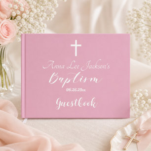Livre D'or Baptême Moderne Christening Croix Blanche Rose Pou