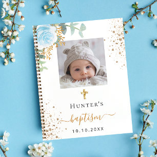 Livre d'or Baptême personnalisé photo bleu floral 