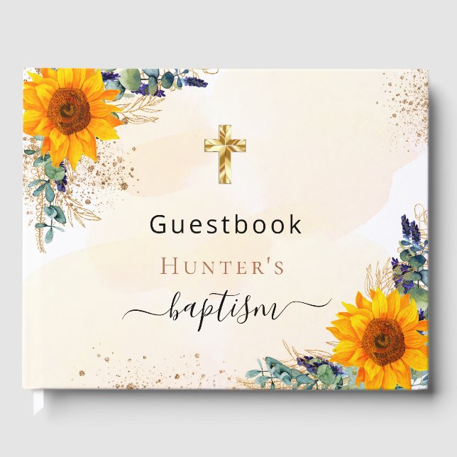 Livre D'or Baptême tournesol eucalyptus vert photo (Recto)