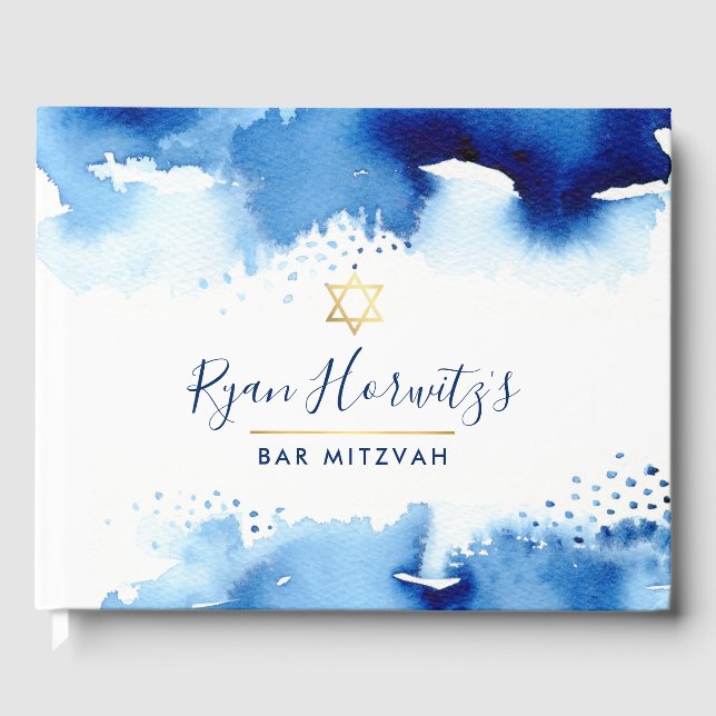 Livre D'or BAR MITZVAH élégant étoile or bleu aquarelle (Recto)