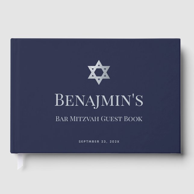Livre D'or Bar Mitzvah Navy Blue Faux Silver Star of David (Recto)